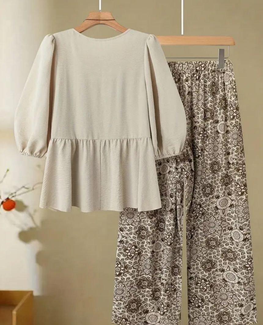 Summer Women'S Casual Pant Set: Elegant Blue & White Floral Print Straight-Leg Trousers with Tie Front Detail