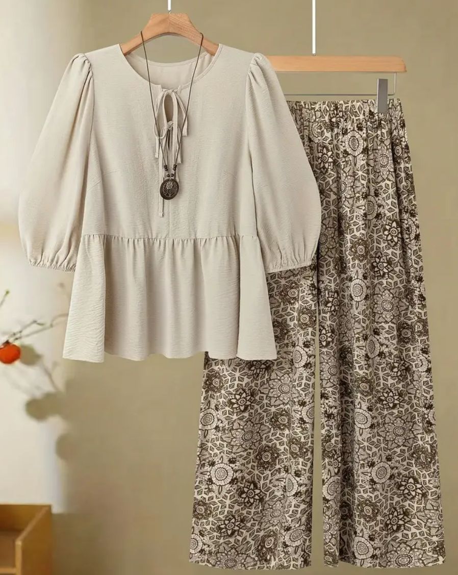 Summer Women'S Casual Pant Set: Elegant Blue & White Floral Print Straight-Leg Trousers with Tie Front Detail
